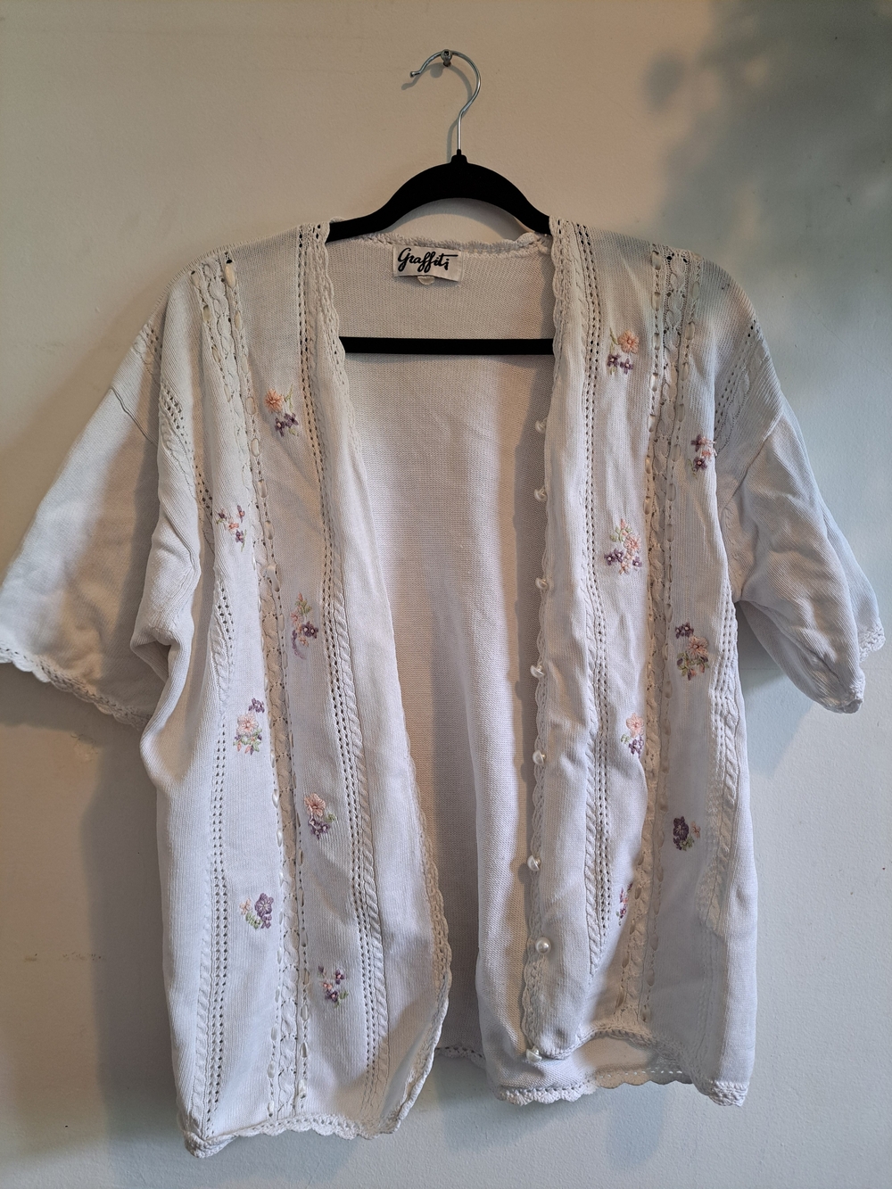 Vintage Graffiti White Floral Embroidered Cotton Cardigan Cottagecore Boho M